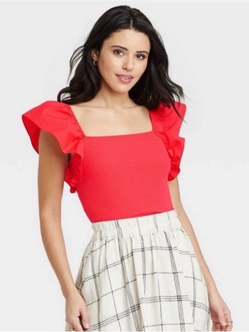 A New Day Red Ruffle Sleeve Square Neck Top NWT M